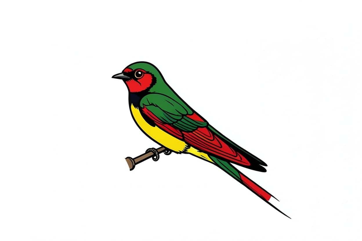 A barn swallow on a farm wire, made into a Traditional tattoo design in Color.