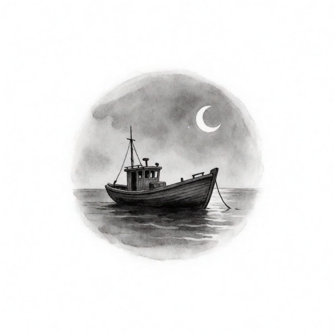 A father's old wooden fishing boat on a calm sea under a crescent moon, in the Black & grey style, with Black & grey ink and a Round shape.