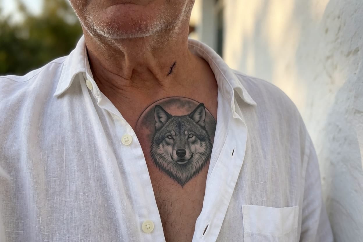 A faded rose below the collarbone, covered by a wolf's head with a full moon in Black & grey.