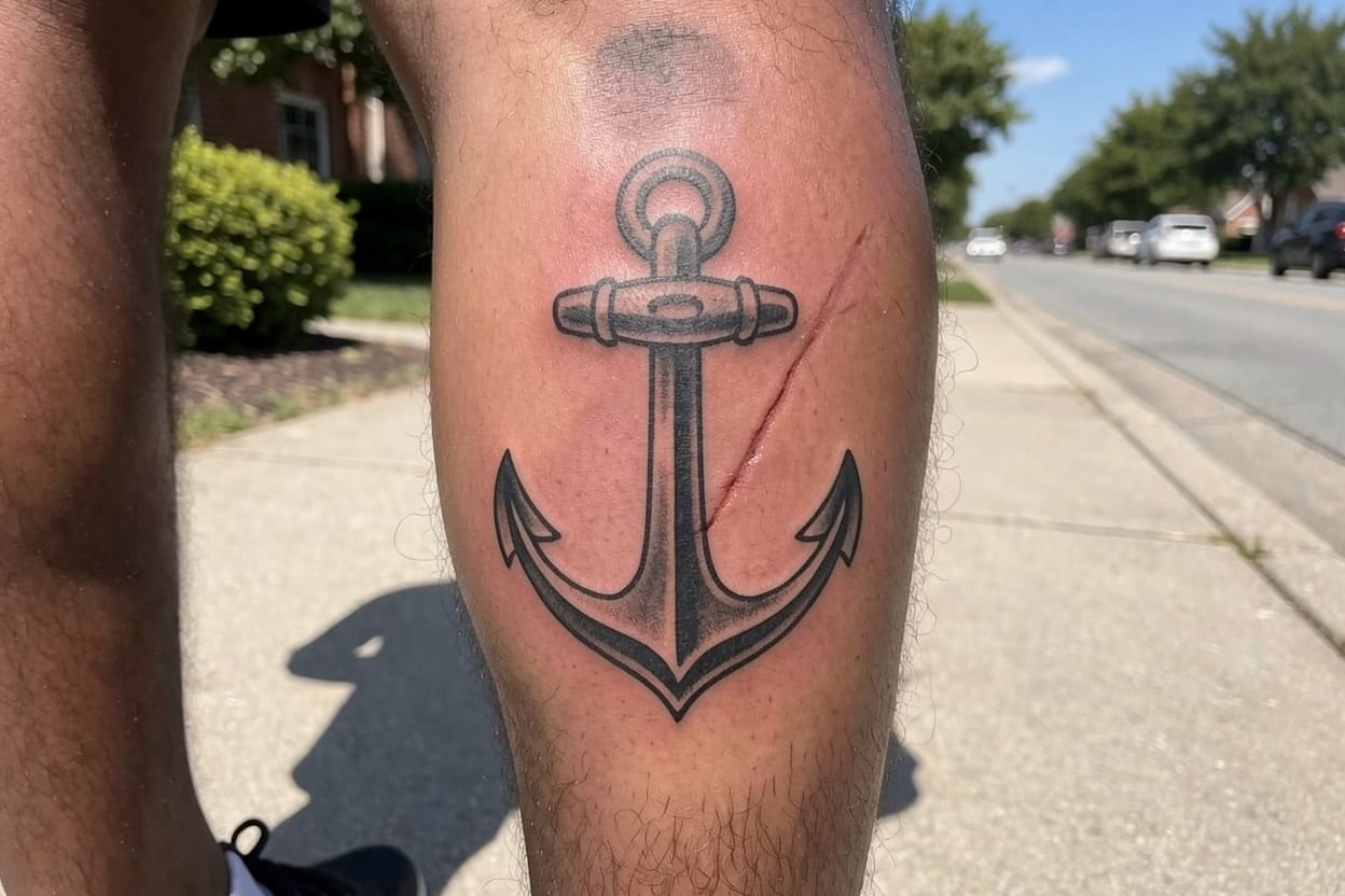 A bold blackwork anchor on a calf, shown at 10 years, settled with the black holding.