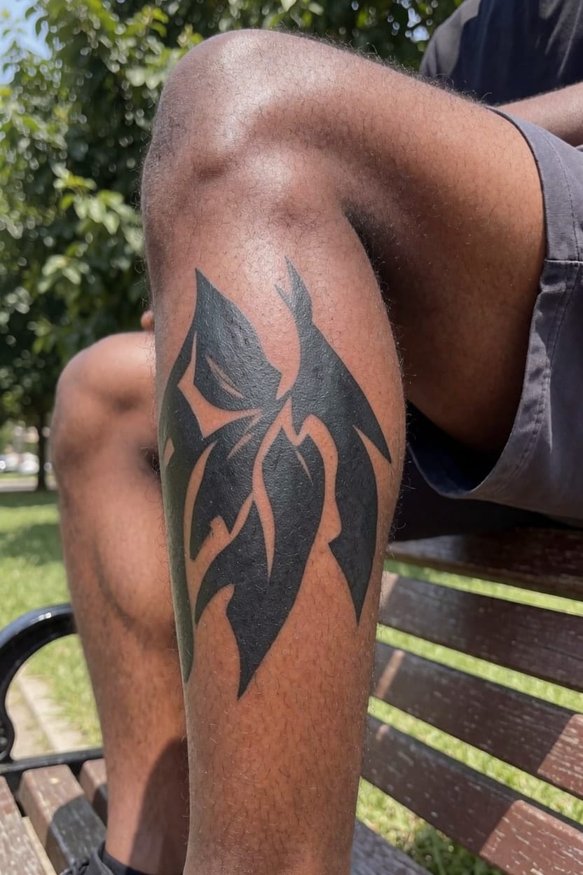 A small tribal band on a calf, covered in Blackwork with no description, so the app chose the design.
