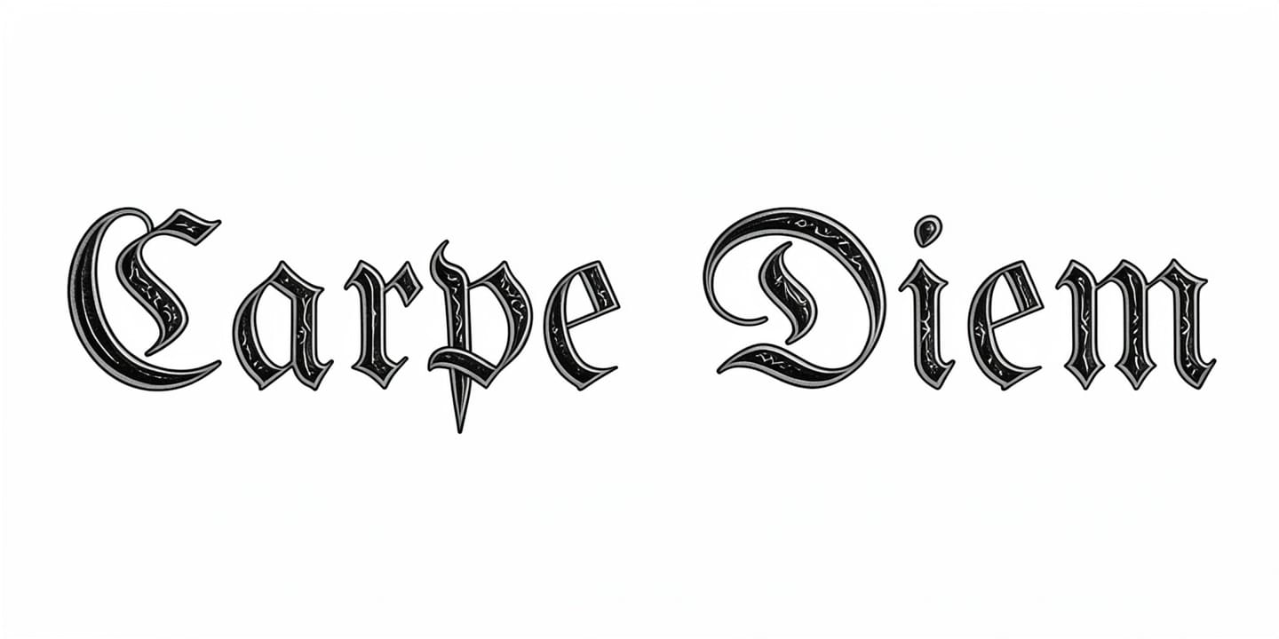 Carpe Diem in the Blackletter style, with Ornament flourishes, in Black & grey.