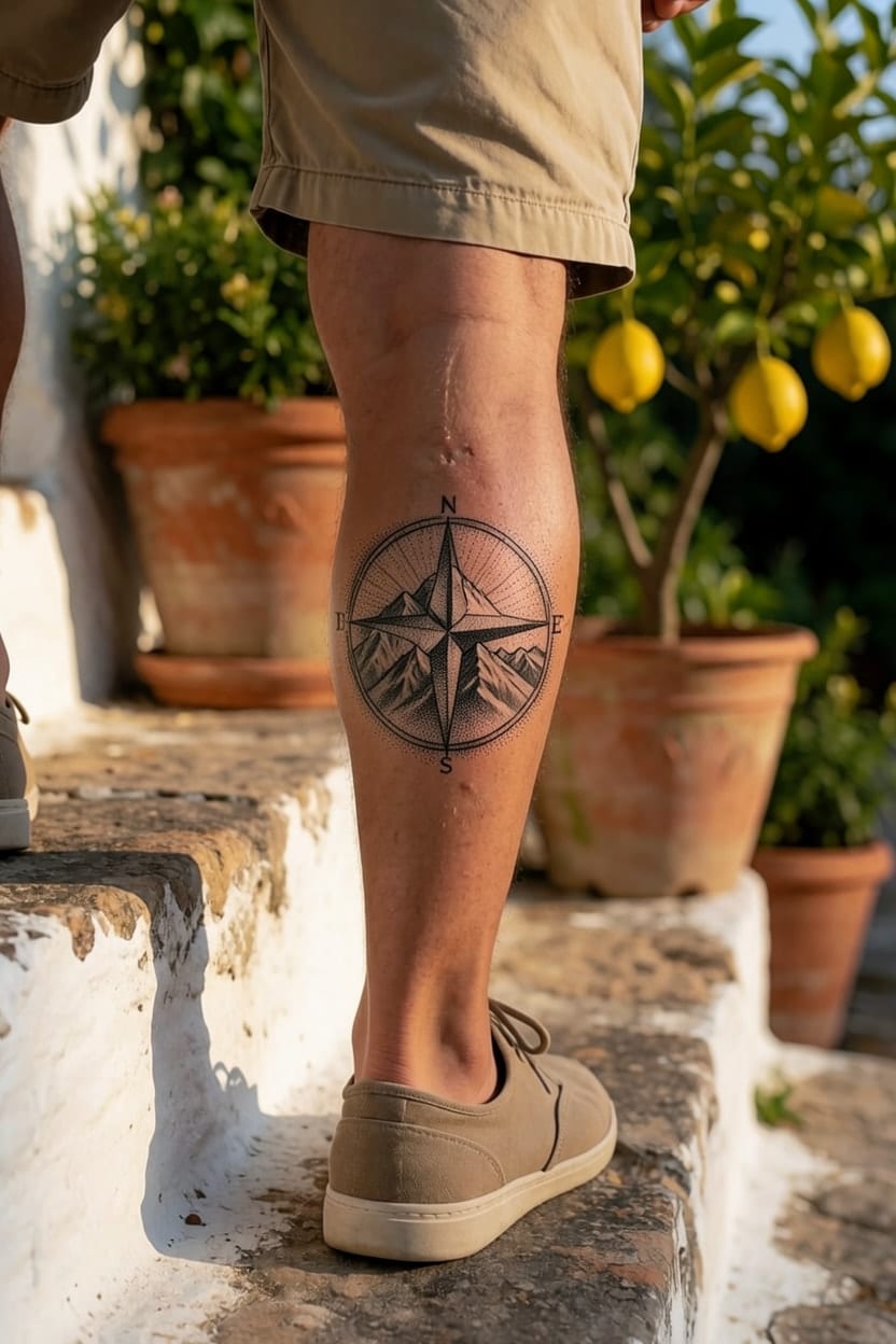 A compass rose over a mountain range, in Dotwork and Black & grey, on a man's calf.