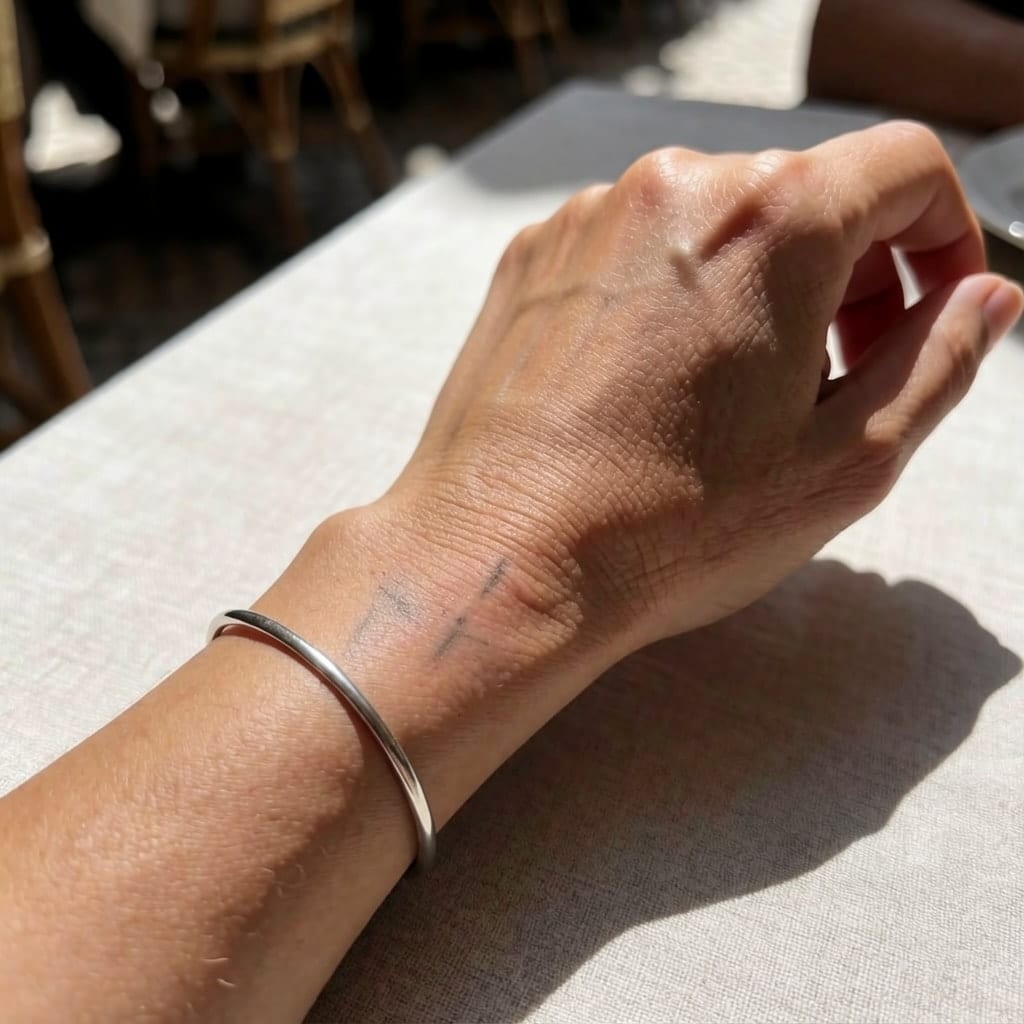 A crescent moon and stars on the wrist, shown with the After 6 sessions stage: faint traces left.