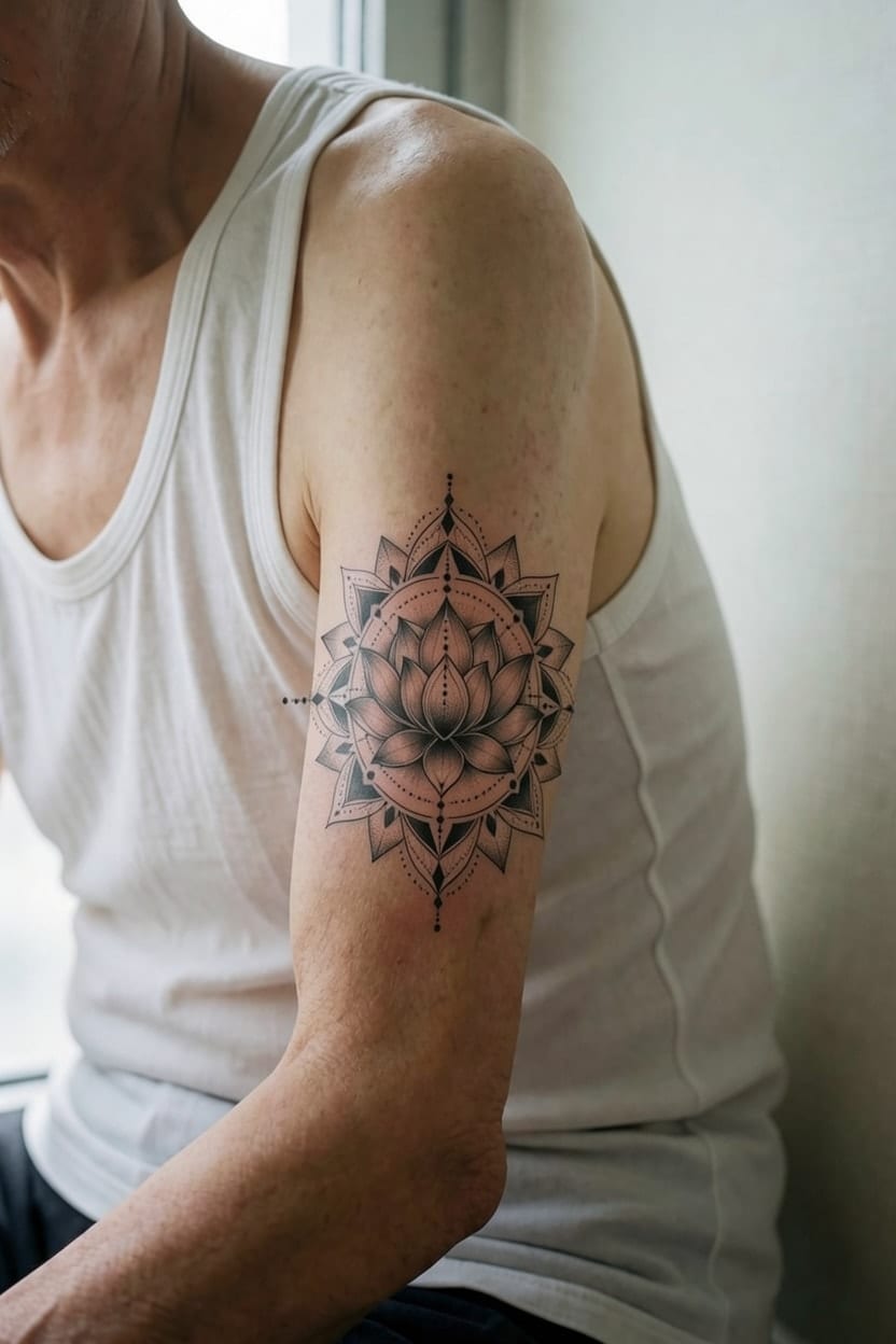 A dotwork lotus mandala tried on an upper arm and shoulder at Medium size.