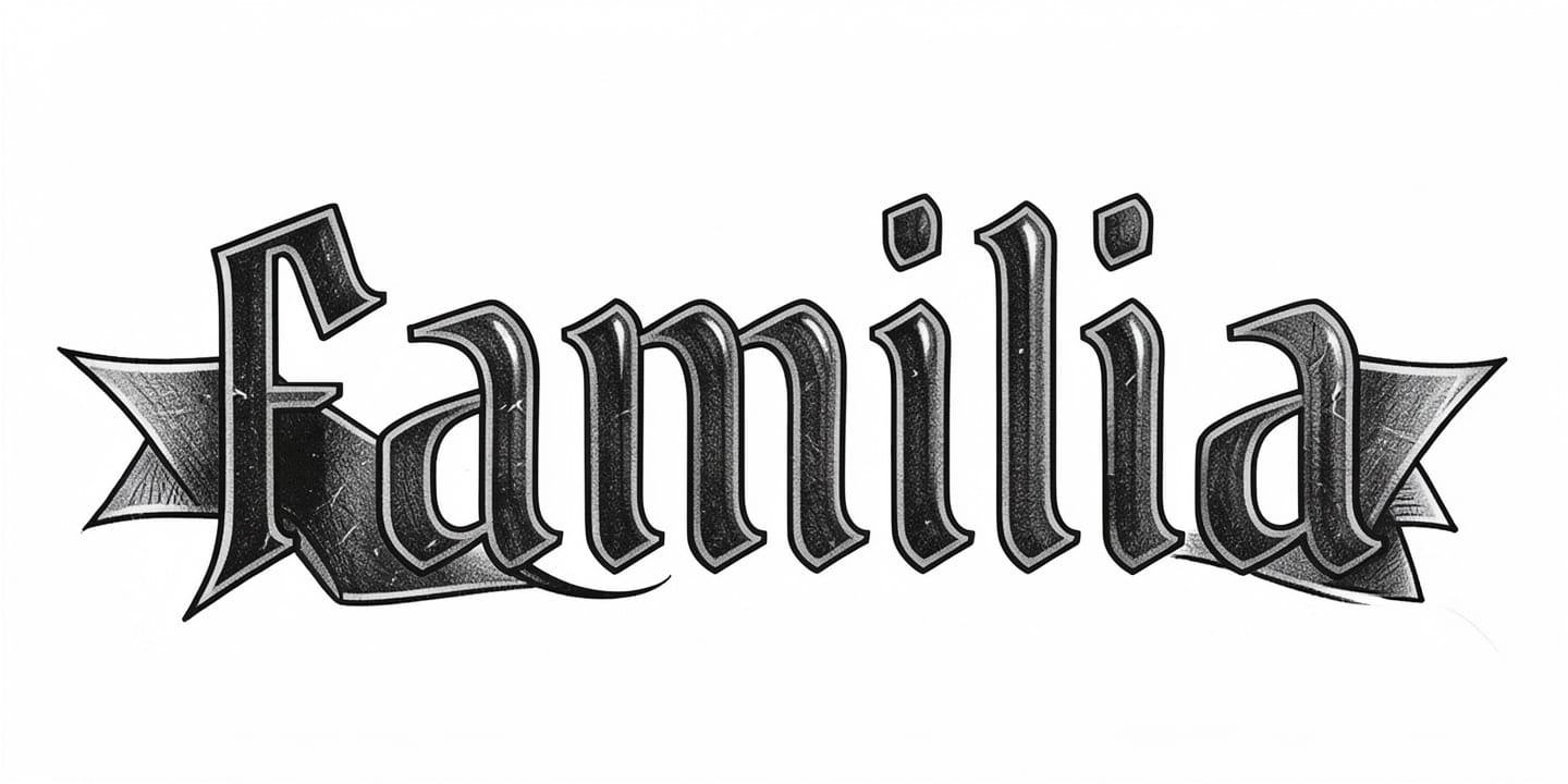 Familia in the Chicano style on a Banner, in Black & grey.