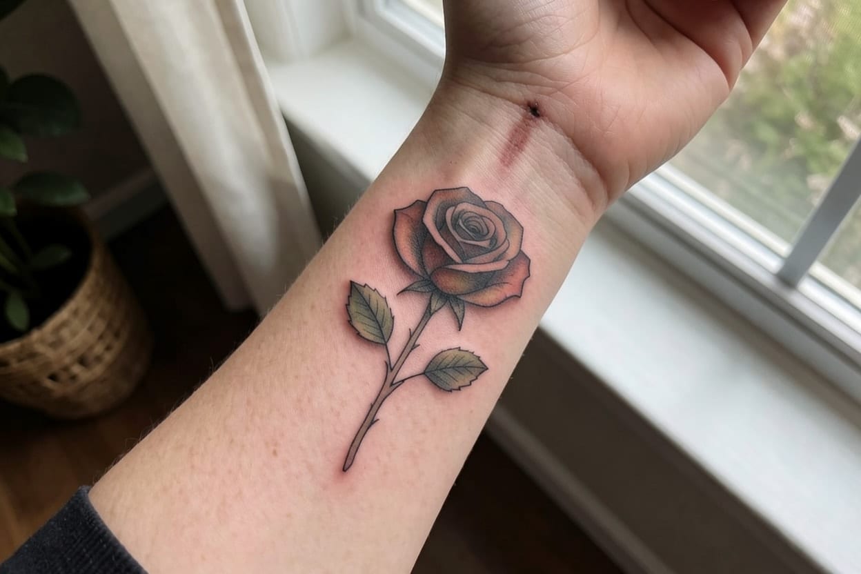 A fine-line rose on a forearm, shown at 5 years with softer edges.