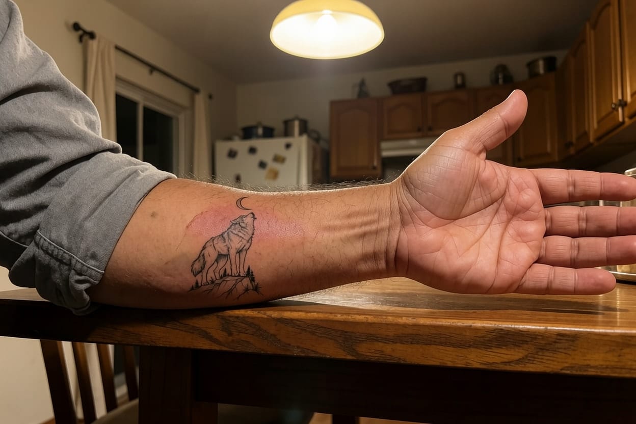 A howling wolf design tried on an inner forearm at Medium size, keeping the arm's hair and the kitchen light.