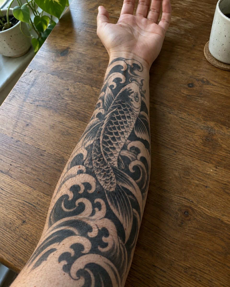 Den samme underarm med en blackwork-tatovering