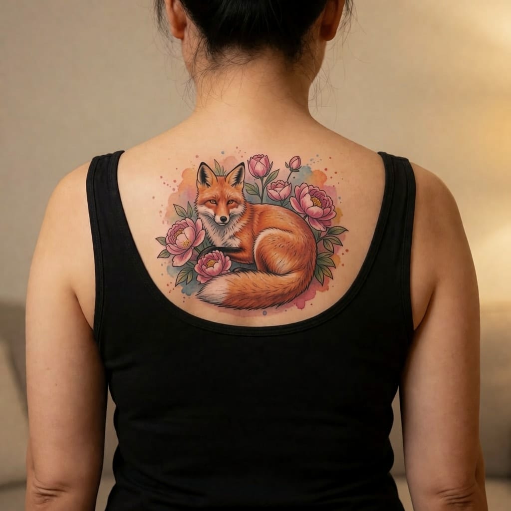 A fox curled up among peonies, in Watercolor and Color, across a woman's upper back.