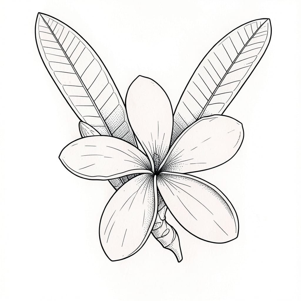A frangipani flower from a garden photo, drawn in Fine line with Black + one accent.