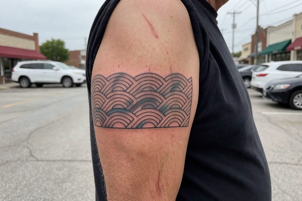 A geometric wave pattern on an upper arm, shown at 5 years with softer edges.