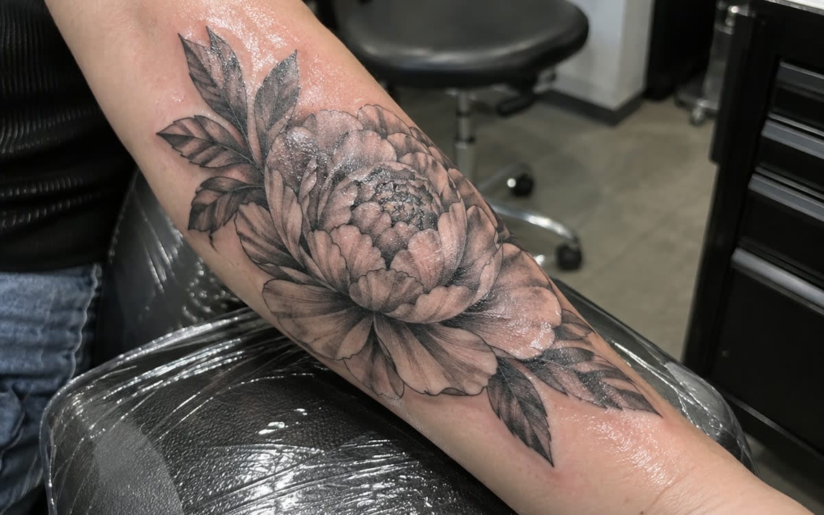 En frisk tatovering, rød og blank