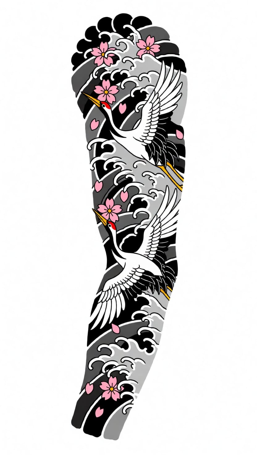 Two cranes flying over big waves, with cherry blossoms falling, in the Japanese style, with Color ink and a Sleeve shape.