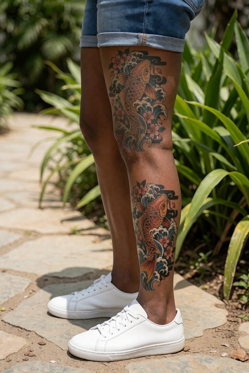 A Japanese koi among waves and cherry blossoms tried on a calf at Large size, in color on dark skin.