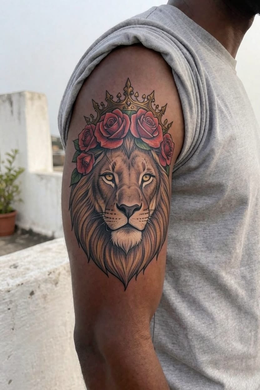 A lion's head with a crown of roses, in Neo-traditional and Color, on a man's upper arm.