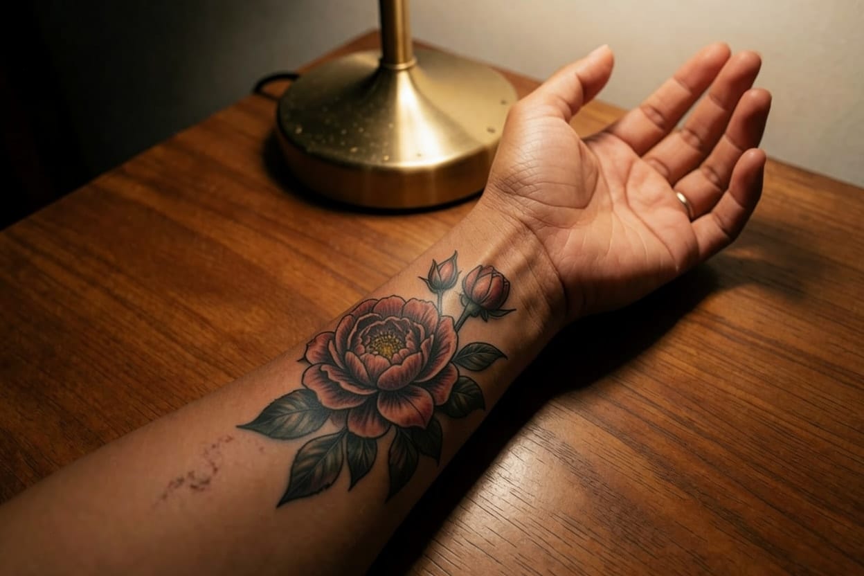 A faded name on an inner forearm, covered by a Neo-traditional peony with buds and dark leaves.