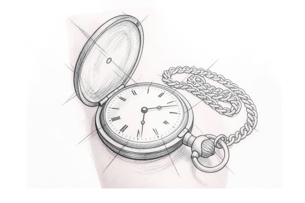 An old brass pocket watch redrawn as a Sketch tattoo design in Black & grey.