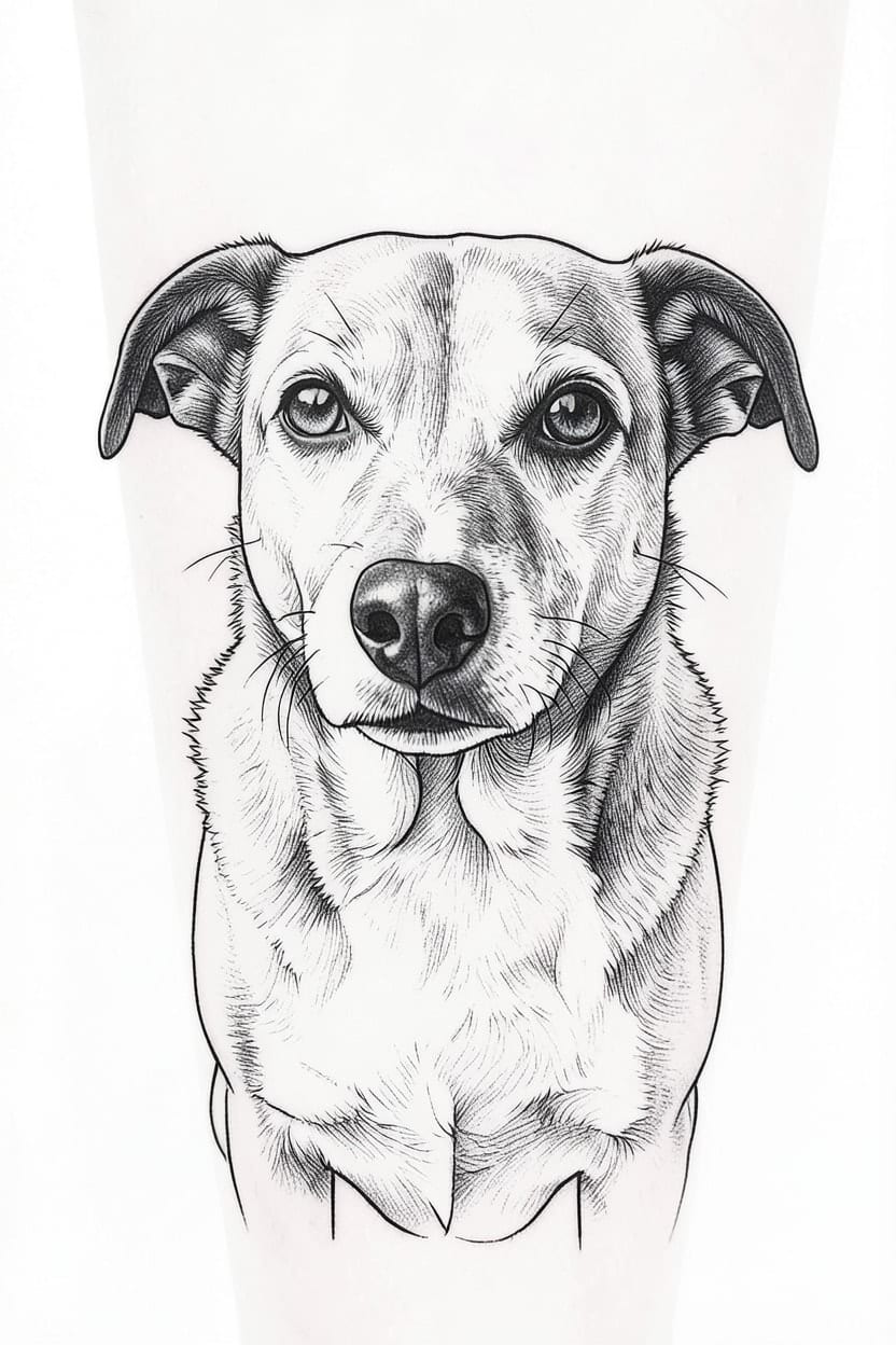 A photo of a senior dog turned into a Realism tattoo design in Black & grey.