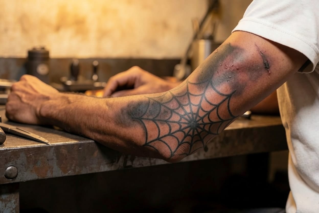 A spiderweb on the elbow, shown with the Faded for a cover-up stage: light enough to tattoo over.