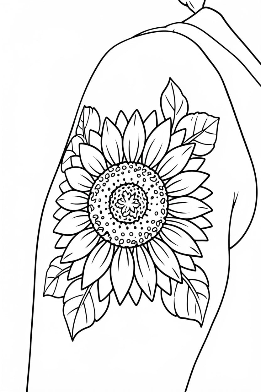 A colour sunflower on an upper arm turned into a stencil with the Simple option, as black lines on white paper.