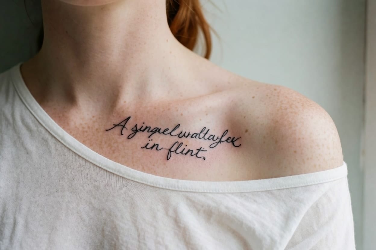 A single swallow in flight, in Fine line with Black + one accent, on a woman's collarbone.