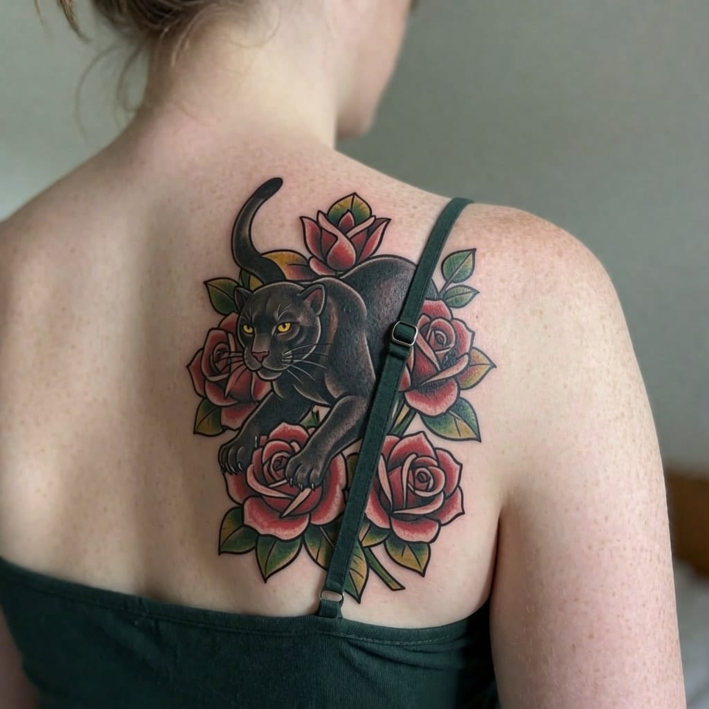 A faded nautical star on a shoulder blade, covered by a Traditional black panther climbing through roses.