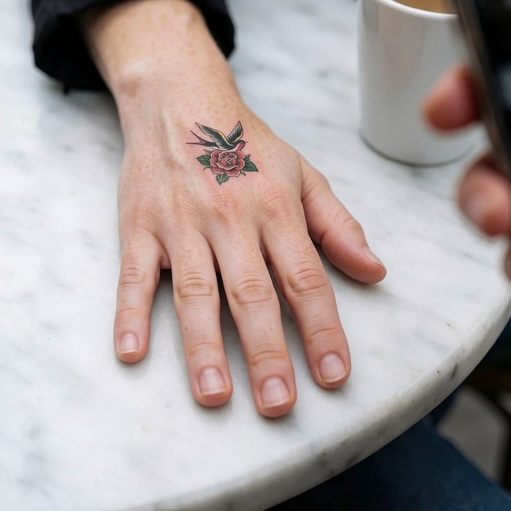 A traditional swallow and rose tried on the back of a hand at Small size.