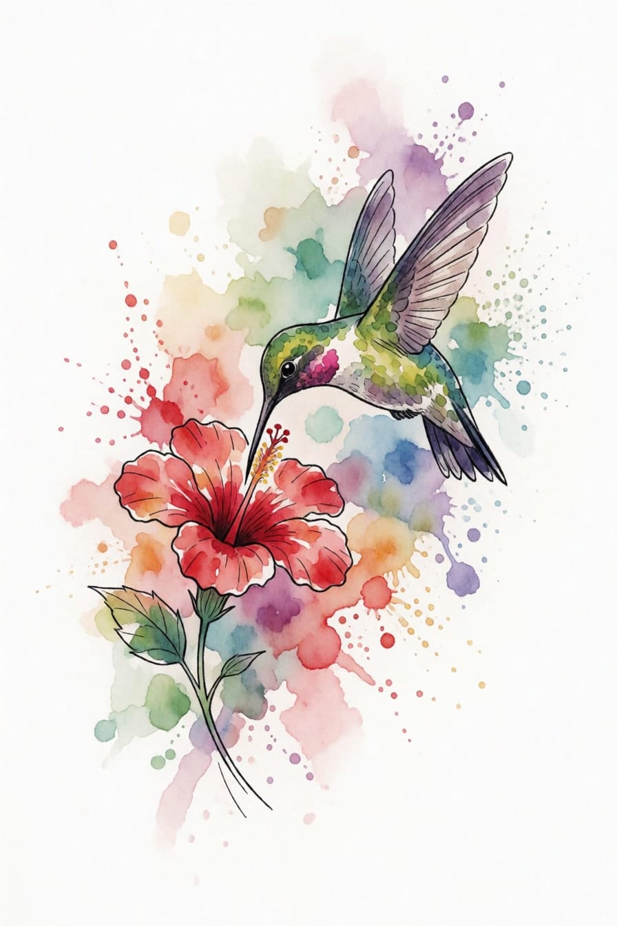 A hummingbird drinking from a red hibiscus flower, in the Watercolor style, with Color ink and a Vertical shape.